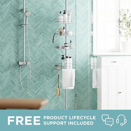 Zenna Home Tension Pole Shower Caddy Corner Organizer, Adjustable Standing Shower Caddy with 4 Baskets and Built in Towel Bar, Rust Resistant Bathroom Tension Rod Organizer, 60 to 97 Inch, Chrome - Image 2