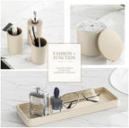 6-Piece Beige Bathroom Set - Mesh Textured Resin Bathroom Accessories Set with Soap Dispenser, Toothbrush Holder, Cup, Vanity Tray & Apothecary Jars for Small Spaces - Image 5