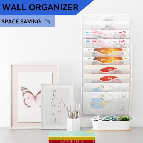 10 Pockets Hanging Wall File Organizer Mail Holder, Wall Mounted Paper Document Folder Holder, Clipboard Storage Organization Magazine Rack, White - Image 2