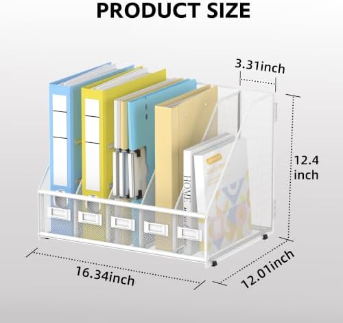 5 Vertical Compartments Magazine File Holder, Metal Binder Organizer, White - Image 2