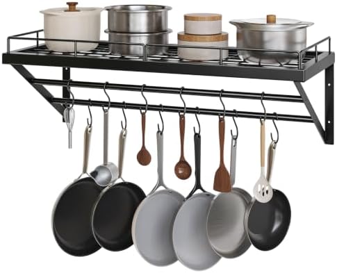 YATINEY Pot Rack, 30 Inch Wall Mounted Pot Rack, Kitchen Pot and Pan Organizer with 2 Tier Hanging Rails, 12 S-Hooks, Space Saving, for Kitchen Cookware Organizer, Black PR02BK by Yatiney