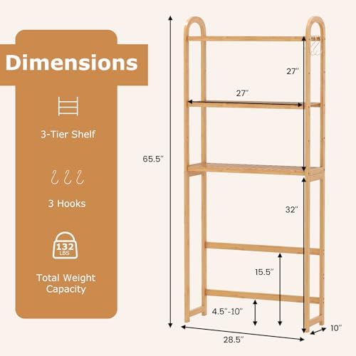 GIANTEX Bamboo Over The Toilet Storage, 3-Tier Over Toilet Bathroom Organizer with 3 Hooks & Adjustable Shelves, Freestanding Space Saver Above Toilet Shelf Rack for Laundry, Balcony, Restroom - Image 2