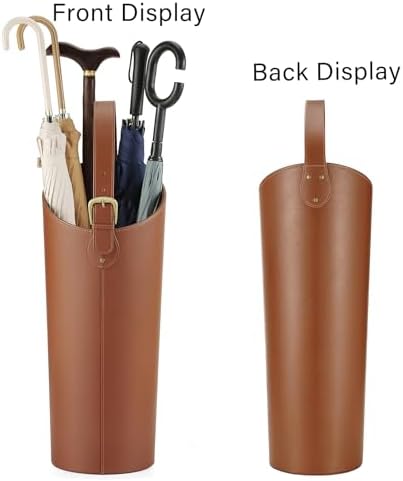 Brown Artificial Leather Tall Umbrella Holer Entryway Indoor for Business Office,22.4 Inch Umbrella Stand Entryway with Removable Water Tray 2 Hooks - Image 7