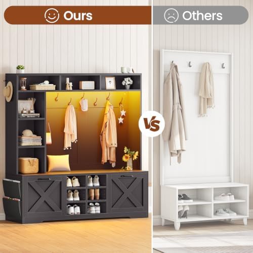 Itaar Hall Tree with Bench and Shoe Storage, 59.1" Farmhouse Entryway Bench with Coat Rack, Shoe Cabinet with Flip Drawers, 12 Shelves, 9 Coat Hooks, Storage Bag, Led Lights, Black - Image 4