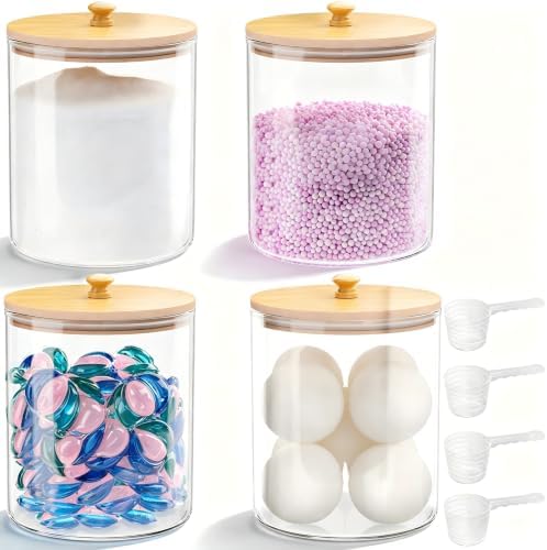 HomePekite Glass Laundry Pods Storage Container, Laundry Room Organization and Storage, Detergent Powder Container, with Wooden Lids & Labels, 4 Pack by Unknown