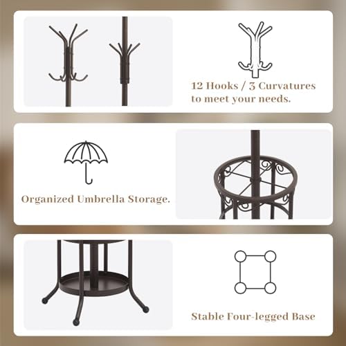 Coat Rack Freestanding With Umbrella Holder – Metal Hall Tree with 12 Hooks, Entryway Organizer for Hats, Bags, and Clothes (Brown) - Image 4