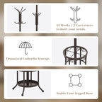 Coat Rack Freestanding With Umbrella Holder – Metal Hall Tree with 12 Hooks, Entryway Organizer for Hats, Bags, and Clothes (Brown) - Image 4