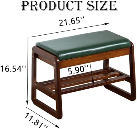 latifolia Solid Wood Bench, Entryway Shoe Bench with Cushion, 2 Tier Shoe Storage Organizer for Hallway, Living Room(Green,21.65''L) - Image 2