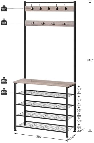 HOOBRO Hall Tree, Coat Rack with Shoe Rack, Hall Tree with Bench, 5 Tier Shoe Storage Organizer with 9 Hooks for Entryway, Closet, Sturdy, Industrial, Greige and Black BG80MT01G2 - Image 4