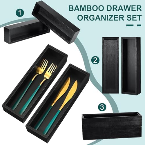Uiifan Bamboo Drawer Organizer Black 10 x 3 x 2'' Stackable for Kitchen - Image 3