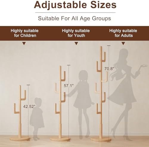 Muwuele Solid Wood Cactus Coat Rack, Freestanding Coat Rack With 6 L-Shaped Hooks and 3 Adjustable Sizes, Coat Tree for Bedroom, Entryway, Livingroom, Coat Hanger Stand for Coats, Handbags (Natural) - Image 3
