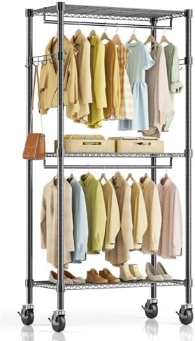 Simple Deluxe Rolling Clothes Rack, Heavy Duty Clothing Rack, 3-Shelf Portable Adjustable Wardrobe Closet with Wheels, Hanging Rods & Side Hooks, 29.5" W x 15.7" D x 75.6" H, Black by SimpleDeluxe
