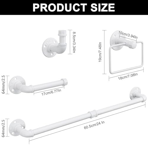 4-Pieces Industrial Pipe Bathroom Towel Ring Kit DIY Wall Mount Accessories Kit Includes Robe Hook Towel Bar and Towel Ring (24 inch White) - Image 6