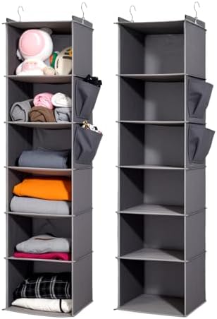 2 Packs Hanging Closet Organizer, 6-Shelf Closet Organizers and Storage with Side Pockets, Collapsible Hanging Shelves for Closet & RV & College Dorm,Grey by WelcometoYRCBEHFU