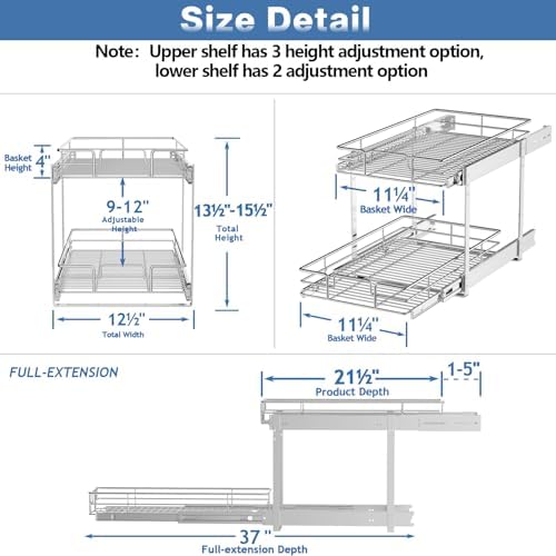 2 Tier Individual Pull Out Cabinet Organizer 12½" W x 21½" D, Heavy Duty Cabinet Pull Out Shelves, Slide Out Drawers Organization for Kitchen Cabinets Bathroom - Image 3