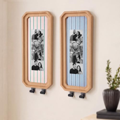 Marsui 2 Set Solid Oak Photobooth Strip Frame with Key Hooks Wall-mounted Photo Frame Fits 2 x 6 Inch Photo Strips, for Home Wall Wedding Graduation Decor by Marsui