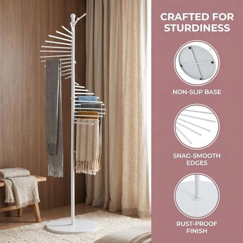 67" Freestanding Spiral Scarf Organizer - 30 Rods Metal Holder, Space Saving Hijab/Belt/Pants Rack for Closet, Clothing Store & Home (White) - Image 3