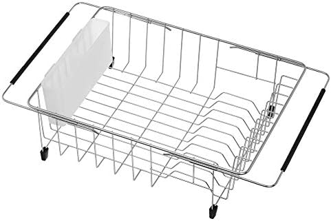 SANNO Large Expandable Dish Drying Rack Sink Dish Rack in Sink or On Counter, Dish Drainer Rustproof Stainless Steel with White Utensil Silverware Storage Holders by SANNO