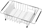 SANNO Large Expandable Dish Drying Rack Sink Dish Rack in Sink or On Counter, Dish Drainer Rustproof Stainless Steel with White Utensil Silverware Storage Holders by SANNO