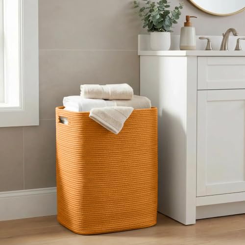 MEGASKET Orange Laundry Hamper 16"x13"x22" - Tall Woven Laundry Basket, Large Cotton Rope Clothes Hamper, Bedroom Aesthetic, Soft Kids Baby Nursery Laundry Bin, Orange Hamper for Room Decor, 75L - Image 6