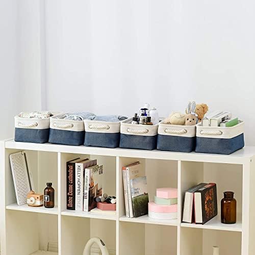 TheWarmHome Storage Basket for Organizing - Small 12x8x5.2 inch 6 Pack Collapsible Storage Bin for Shelves, Canves Storage Cubes for Organizer Cloth Box Gift Toys Closet (White & Jean Blue) - Image 6