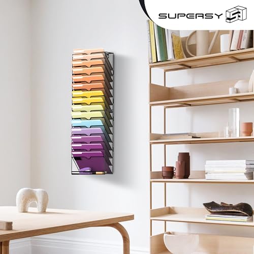 SUPEASY 16-Tier Hanging Wall File Holder Organizer for Papers, Folders, Files Clipboard & Magazine Organization Great for Office Home, Assembly Needed, Black - Image 6