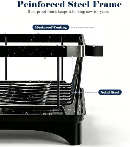 Large Dish Drying Rack for Kitchen Counter, Detachable Large Capacity Dish Drainer Organizer, 2-Tier Dish Racks with Utensil Holder, Black - Image 5