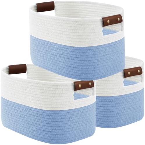 ECDYQXVU 15x10x9 Woven Cotton Rope Storage Basket, Leather Handles 3 Pack by ECDYQXVU