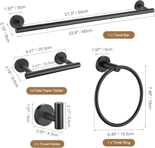 TURS Black 5 Piece Bathroom Towel Bar Set Bathroom Hardware Set, 23.6 inch Bathroom Accessories Kit Set, SUS304 Stainless Steel Wall Mounted - Image 7
