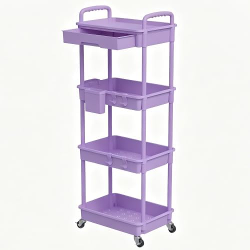 REBECAT 4 Tier Rolling Cart with Drawer, Utility Storage Cart on Wheels for Kitchen, Bathroom, Living Room,Office(Purple) by REBECAT
