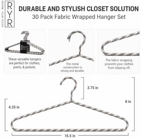 Clothes Hangers 30 Pack – Space Saving Fabric & Metal Hangers, Non-Slip Pant & Coat Hangers, Room Essentials, Closet, Durable Wardrobe Storage, Suits & Pants – Natural/White - Image 3