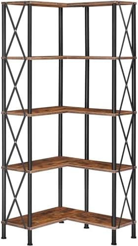 HOOBRO Corner Bookshelf, 5-Tier L-Shaped Bookcase, Industrial Open Display Shelf Tall Storage Organizer, Vertical Storage Rack, for Living Room, Home Office, Rustic Brown and Black BF60SJ01 by HOOBRO