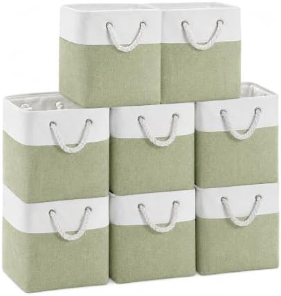 11x11 Inch Cube Storage Bins, 8 Pack Collapsible Fabric Storage Cubes with Rope Handles, Waterproof Foldable Storage Baskets for Cube Shelves, Closet, Clothes, Toys, Books, White & Green by MSHABOOR