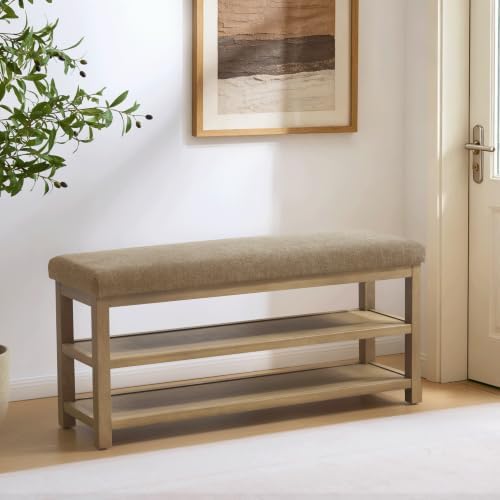 Zihanhome Shoe Rack Bench with Cushion, 2 Tier Solid Wood Storage Bench, Mid-Century Modern Shoe Bench for Entryway, Hallway, Closet, Front Door Entrance, Foyer (Brown, 46.5") - Image 3