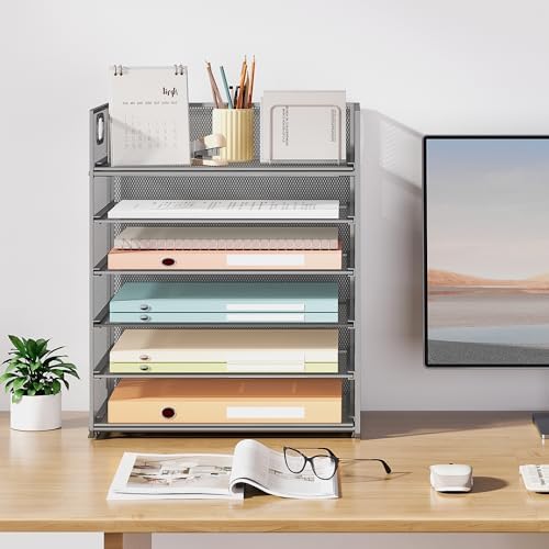 Subekyu 6 Tier Paper Organizer for Desk with Handle, Metal Mesh Desk Office File Folder Paper Letter Tray Accessories Organizer Sorter for Home, School, Office Desktop Document Organization - Silver - Image 7