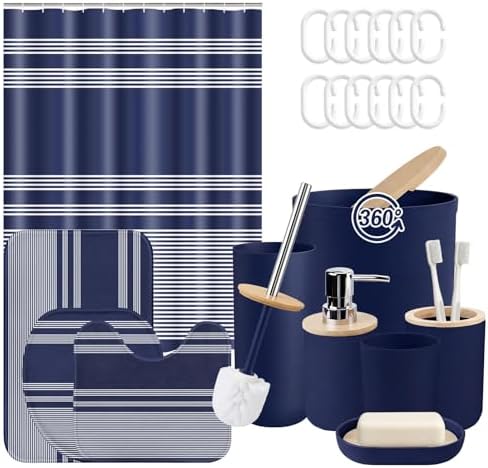 Bathroom Decor and Accessories Set of 10, Striped Navy by Tayney