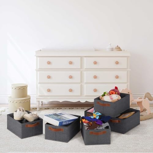 GhvyenntteS Small Fabric Storage Bins 6 Pack, 11.8" x 7.87" x 5.11" Storage Basket with Leather Handles, Closet Storage Bins for Shelves, Storage Baskets for Shelves, DVD Storage (Grey) - Image 5