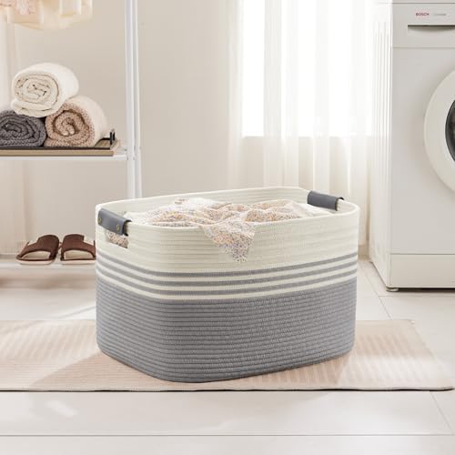 86L Large Woven Laundry Basket Hamper with Leather Handles,Grey - Image 3