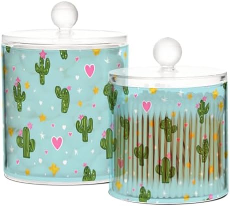 Blue Cactus Hearts Stars Qtip Holder Waterproof Dustproof Apothecary Jars with Lids For Bathroom Cotton Swabs Makeup Sponges Floss Picks Bath Salts 2 Pack - Image 2