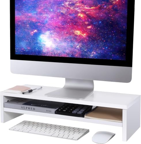 BEYGORM Monitor Stand Riser, White, 21.6 inch, 2 Tiers Wood Desk Shelf by BEYGORM