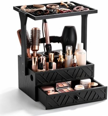 Lewtemi Makeup and Hair Organizer Wood Hair Dryer Holder Heat Mat Bathroom by Lewtemi