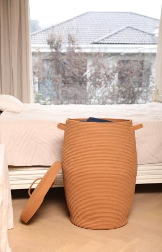 26"x20" Extra Large Tall Woven Laundry Basket with Lid, Cotton Rope Blanket Storage Basket, Freestanding Decorative Bin for Bedroom Living Room, Rust Brown - Image 5
