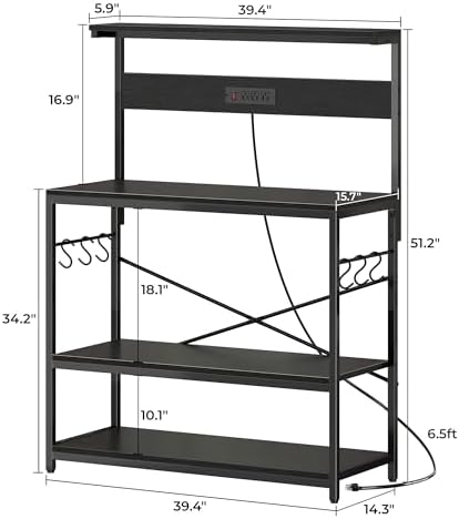 SUPERJARE Bakers Rack with Power Outlets, Microwave Stand, 39.4 X 14.3 Inch Larger Desktop, Kitchen Storage Rack with Adjustable Middle Shelf, 6 S-Shaped Hooks, Coffee Bar Stand, Black - Image 7