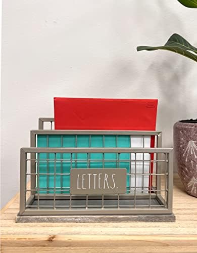 Desktop Mail Organizer - 2 Compartment Mail Holder & Stationary Table Top Desk Organizer - Chic and Stylish Galvanized Steel and Solid Wood - “Letters” Print - for Home and Office, Grey "Letter" - Image 3