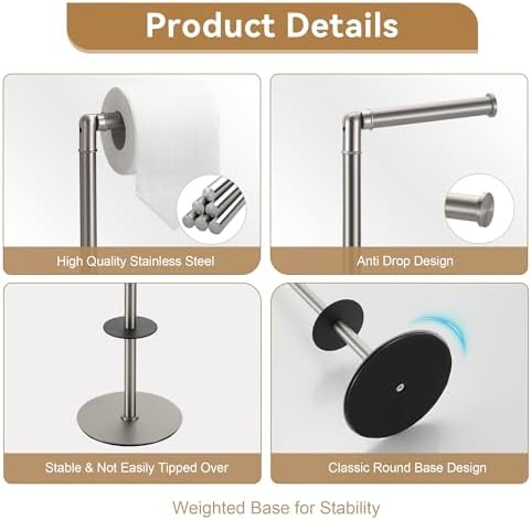 BGL Freestanding Toilet Paper Holder, Tissue Holder On Floor with Reserve Storage Paper Rolls, Roll Paper Holder Standing On Floor (Brushed Nickel) - Image 6