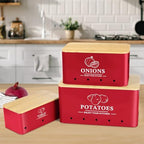 Kitchen Vegetable Storage Set of 3, Metal Onion Garlic Potato Storage Set, Kitchen Canisters Vegetable Keeper Containers with Aerating Holes and Bamboo Lid，Red - Image 2