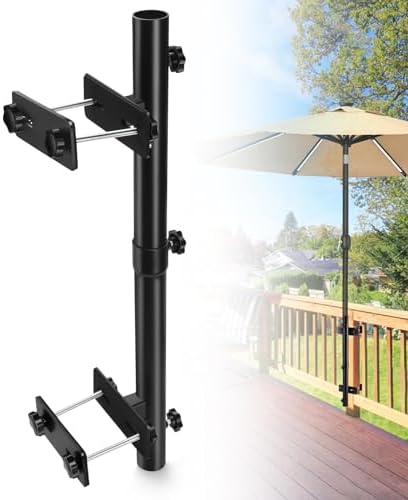 ZZM Patio Umbrella Holder for Deck Railing, Adjustable Deck Umbrella Mount Outdoor, Attachable to Railing Mounting Brackets - Upgraded 3 Screws to Secure Umbrella Handle, Maximizes Deck Space (Dark) by ZZM