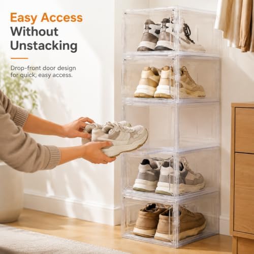 Clear Shoe Storage Boxes,2026 2nd Gen Thickened Hard Plastic Stackable Organizer with Magnetic Door,Folding Shoe Racks for Closet,Large Sneaker Display Cases for Sneakers and Ankle Boots,6 PCS - Image 6