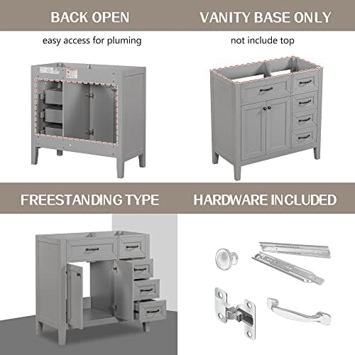 Flieks 36" Bathroom Vanity Without Sink, Cabinet Base Only, Bathroom Cabinet with Drawers, Solid Frame and MDF Board, Grey - Image 3
