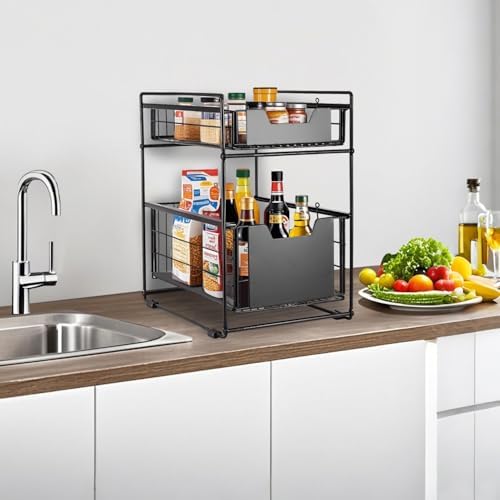 2 Tier Under Sink Organizer,Slide Out Kitchen Cabinet Organizer,Pull Out Pantry Storage with 2 baskets, Office Supplies,Kitchen,Bathroom Organizer with Sliding Drawer,Large Capacity,Multi-Use - Image 3